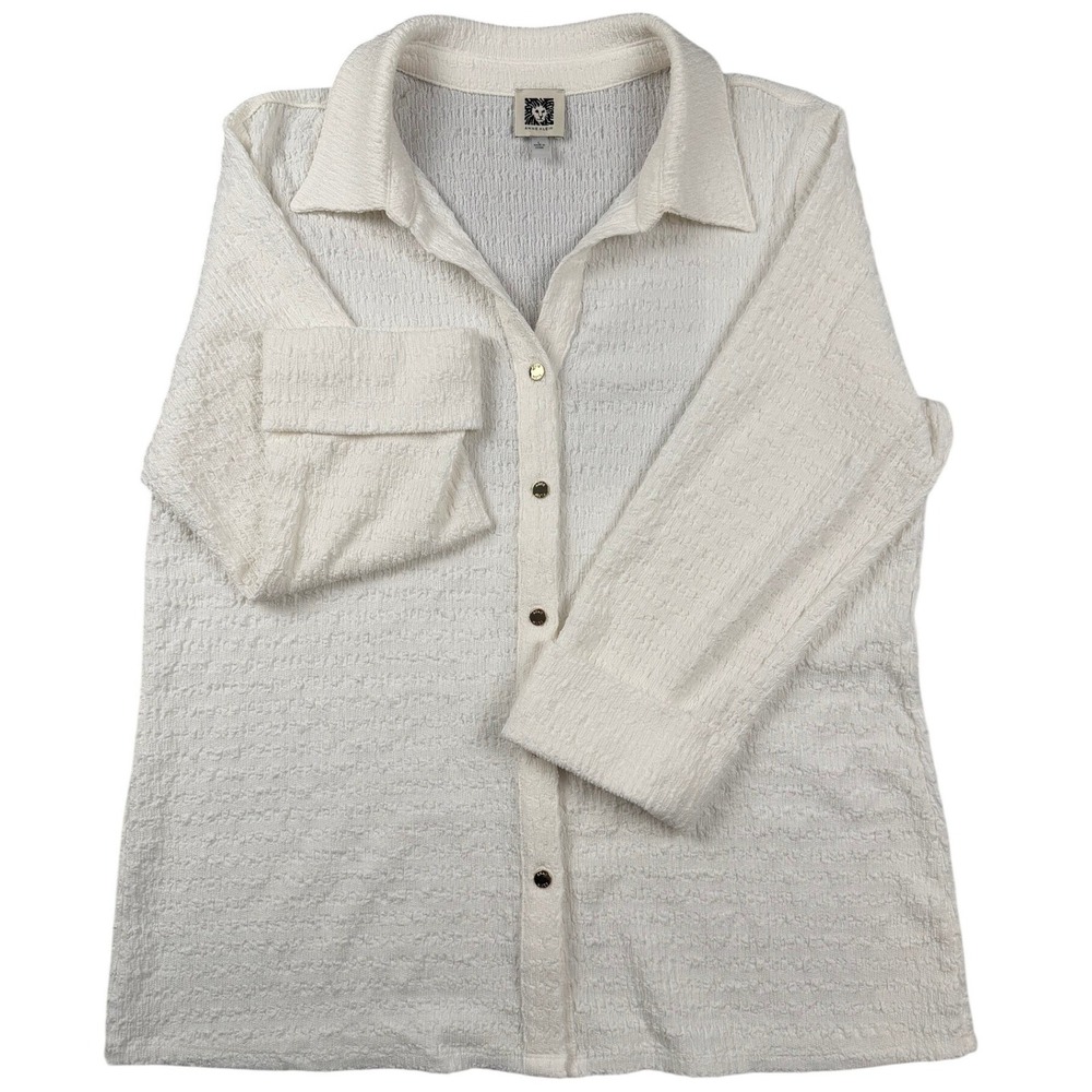 Anne Klein Ivory Crinkle Texture Button Down Shirt Gold Buttons 3/4 Sleeve L